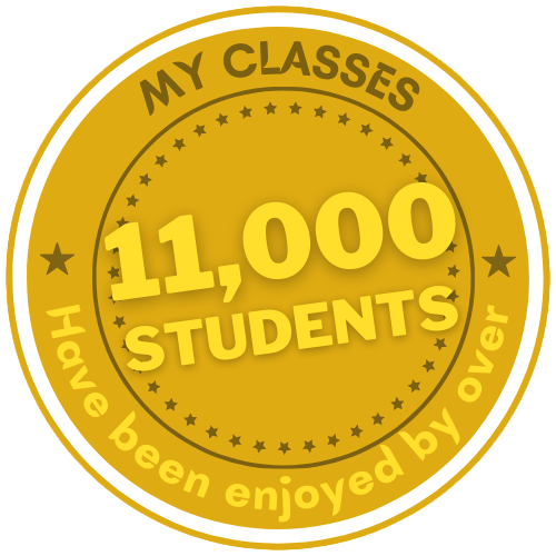 A gold badge reads, "My classes have been enjoyed by over 11,000 students," with stars surrounding the text.